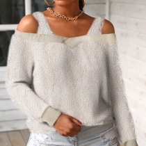 Sexy Off-shoulder Long Sleeve Solid Color Plush Sling Top