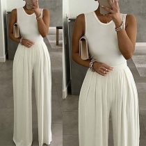 Elegant Solid Color Sleeveless Round Neck High Waist Jumpsuit