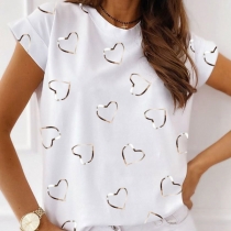 Casual Style Heart Printed Short Sleeve Round Neck Loose T-shirt