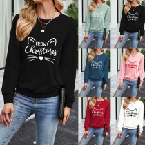 Cute Cat Pattern Long Sleeve Round Neck Sweatshirt T-shirt