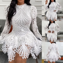 Sexy Long Sleeve Mock Neck Irregular Hem Hollow Out Lace Dress