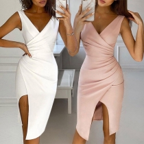 Sexy Deep V-neck Slit Hem Sleeveless Solid Color Slim Fit Dress