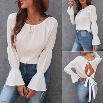 Sexy Lace-up Backless Trumpet Sleeve Round Neck Solid Color Chiffon Top