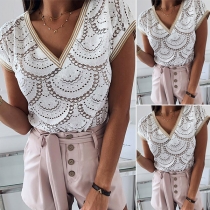 Chic Style Short Sleeve V-neck Hollow Out Top