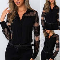 Sexy See-through Lace Spliced Long Sleeve POLO Collar Shirt