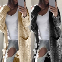 Fashion Solid Color Long Sleeve Front-pocket Loose Knit Cardigan