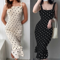 Sexy Backless Ruffle Hem Dots Printed Slim Fit Sling Dress