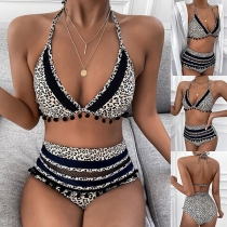 Sexy High Waist Leopard Printed Hairball Spliced Halter Bikini Set