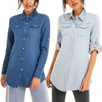 Fashion Printed Spliced Cuff Long Sleeve POLO Collar Denim Shirt