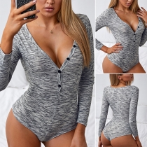 Sexy Deep V-neck Long Sleeve Mixed Color Bodysuit