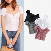 Fashion Off-shoulder Boat Neck Short Sleeve Single-breasted Sling Plaid Top