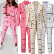 OL Style Long Sleeve Double-breasted Plaid Blazer + Pants Suit Set