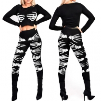 Chic Style Skull Hand Pattern Long Sleeve T-shirt + Pants All Saints' Day Set