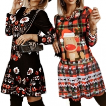 Fashion Long Sleeve Round Neck Printed Christmas Dress