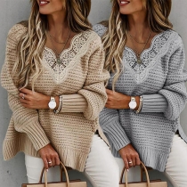 Fashion Lace Spliced V-neck Slit Hem Long Sleeve Loose Sweater