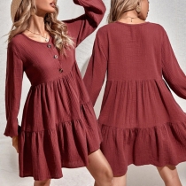 Fashion Solid Color Long Sleeve V-neck Front-buttom High Waist A-line Dress