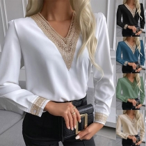 Sexy Lace Spliced V-neck Long Sleeve Top