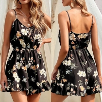 Sexy Backless V-neck High Waist Ruffle Hem Sling Printed Romper