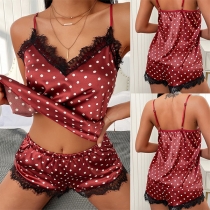 Sexy Backless V-neck Lace Spliced Dots Printed Sling Top + Shorts Nightwear Set (Size Run Small）