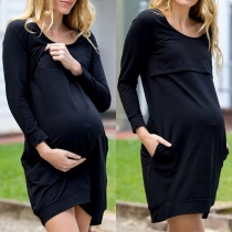 Simple Style Long Sleeve Round Neck Solid Color Maternity Dress