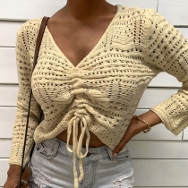 Sexy V-neck Long Sleeve Front-drawstring Solid Color Knit Top