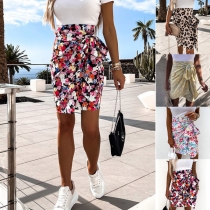 Fashion High Waist Irregular Side Lace-up Printed Skirt