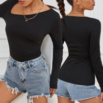 Chic Style Oblique V-neck Long Sleeve Solid Color Slim Fit T-shirt