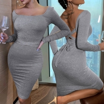 Sexy Crossover Lace-up Backless Long Sleeve Round Neck Solid Color Tight Dress