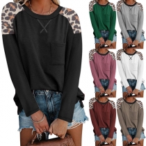 Casual Style Long Sleeve Round Neck Leopard Spliced Loose T-shirt
