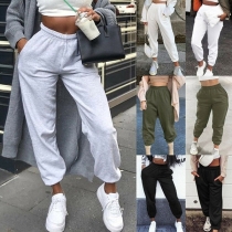 Casual Style Elastic High Waist Solid Color Loose Sports Pants