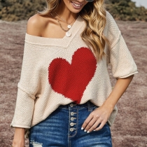Fashion 3/4 Sleeve V-neck Heart Pattern Loose Knit Top