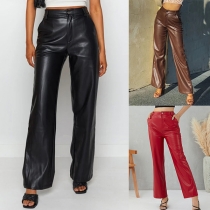 Fashion Solid Color High Waist PU Leather Pants