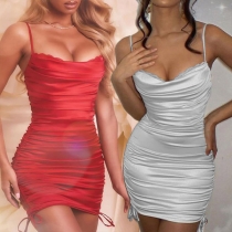 Sexy Backless Cowl Neck Side-drawstring Sling Wrinkled Dress