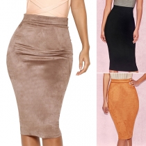 Fashion High Waist Back-zipper Solid Color Slim Fit Skirt