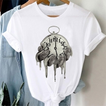 Casual Style Short Sleeve Round Neck Clock Pattern Loose T-shirt