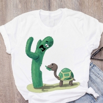 Cute Style Cactus Turtle Cartoon Pattern Short Sleeve Round Neck Loose T-shirt