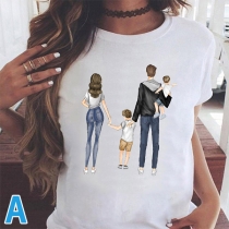 Cute Style Parent-child Printed Pattern Short Sleeve Round Neck T-shirt for Woman