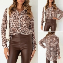 Fashion Long Sleeve POLO Collar High-low Hem Leopard Printed Loose Shirt