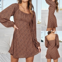 Sweet Style Square Collar Puff Sleeve High Waist Backless Leopard Printed Dress