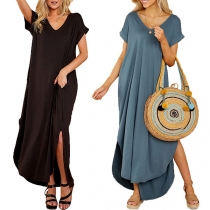 Casual Style Irregular Slit Hem Short Sleeve V-neck Ankle-length Loose Dress