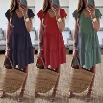 Fashion Solid Color Lotus Sleeve V-neck Loose Dress