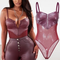 Sexy Backless See-through Gauze Spliced Sling PU Leather Bodysuit