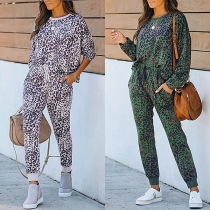 Fashion Leopard Printed Long Sleeve Round Neck Sweatshirt + Pants Two-piece Set