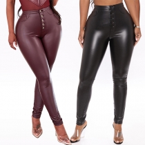 Fashion High Waist Front-button Slim Fit PU Leather Pants