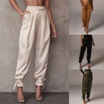 Fashion Solid Color High Waist Lace-up Leg Opening Loose Casual Pants