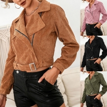 Fashion Solid Color Oblique Zipper Short-style Corduroy Jacket