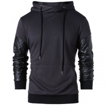 Fashion PU Leather Spliced Long Sleeve Hooded Man's Sweatshirt