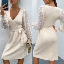 Sexy V-neck Gauze Spliced Long Sleeve Tie-belt Knit Dress