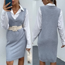 Fashion Solid Color Sleeveless V-neck Knit Tank Dress