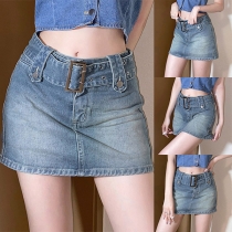 Fashion High Waist Slim Fit Mini Denim Skirt with Waistband